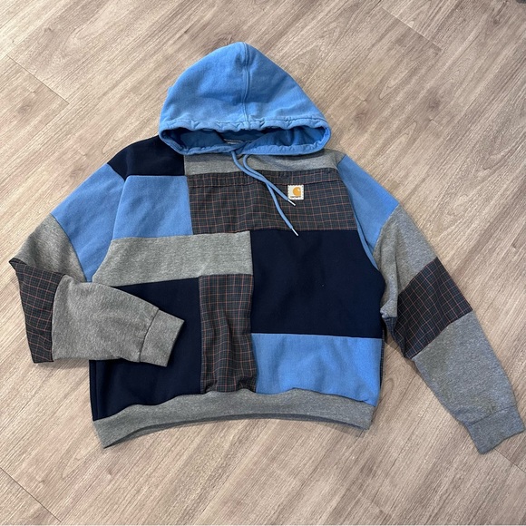 Carhartt Tops - Carhartt Upcycled Handmade Patchwork Fall Flannel Blue Gray Relaxed Baggy Hoodie